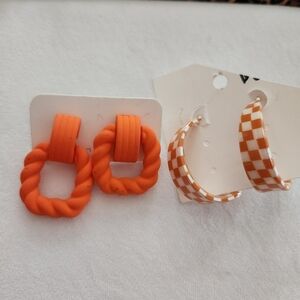 Orange and Checkered Hoop Earrings Set